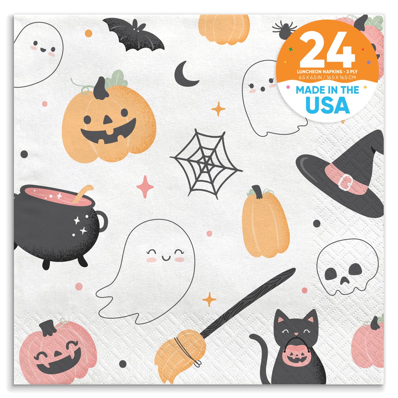 Big Dot of Happiness Pastel Halloween Party Napkins, Pink Pumpkin Birthday Party Decor, White 3-Ply Paper Luncheon Napkins - 24 Count